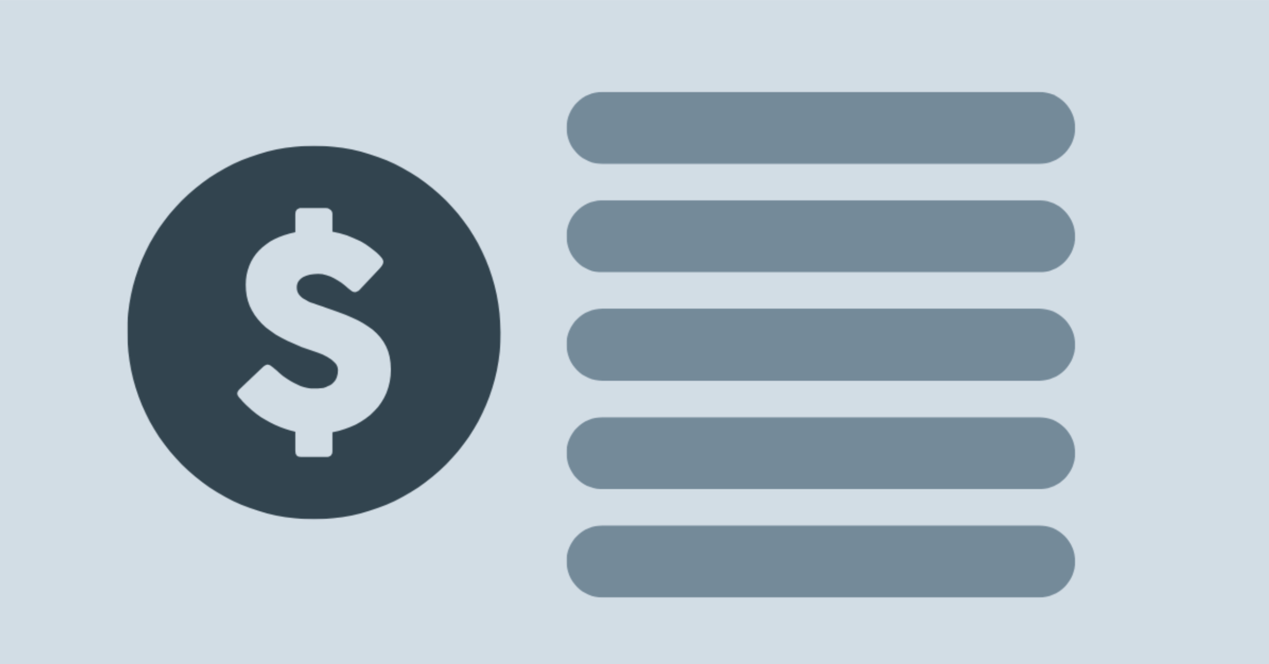 Illustration of a dark navy dollar-sign coin next to a stack of gray horizontal bars on a slate-blue background, representing invoice line items paired with an unknown cost benchmark.